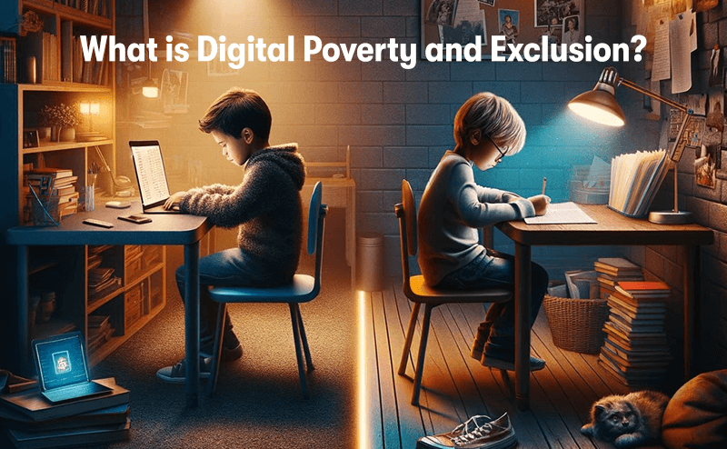A picture depicting digital poverty and exclusion. On the left is a boy doing his homework on a computer, on the right is a boy doing his homework with a pen and paper. With the heading 